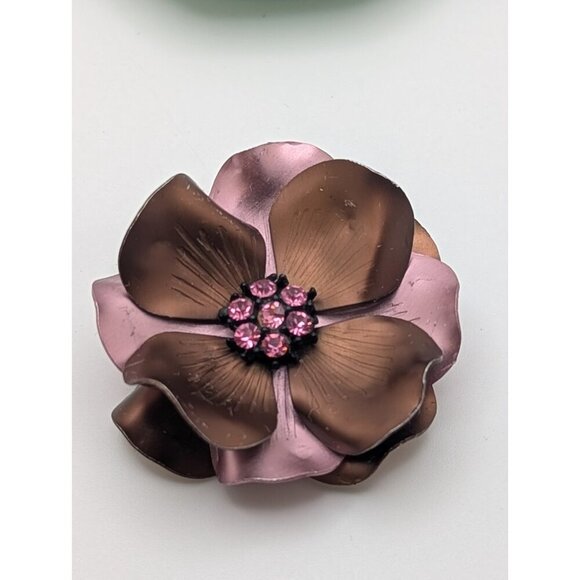 VTG Metal Enamel Flower Brooche Pin Satin Pink Brown Fucsia Rhinesto Large 2.5" - Picture 2 of 8